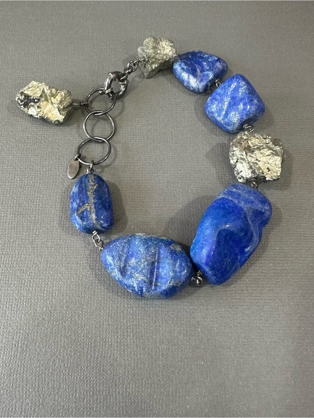 DEB GUYOT Lapis Lazuli & Rustic Pyrite Nuggets Chunky Bracelet 925 Signed